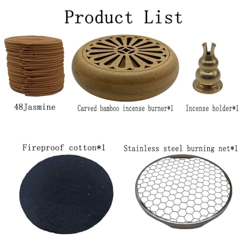 Coil Incense,Traditional spiraled Incense,Perfect for Meditation Spaces,Living Rooms,or Any Indoor Area Where You Want to Create a Relaxing Atmosphere. (48Jasmine+Carved Bamboo Incense Burner) - color: 48jasmine+carved Bamboo Incense Burner