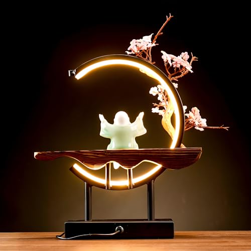 Houlu Fat Green Laughing Buddha Statue for Home Decor, Indoor Ceramic Good Luck Happy Buddha Statue with Artificial Tree and LED Circle Table Lamp