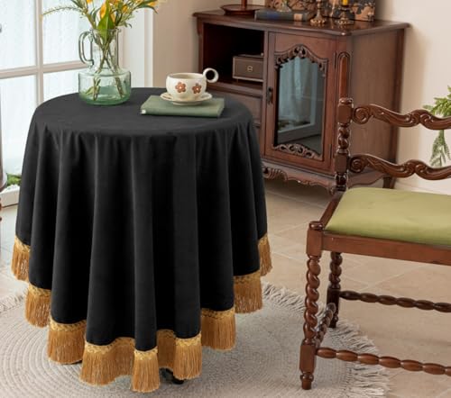 F-CHU 60 Inch Round Black Velvet Tablecloth, Luxury Vintage Table Cover with Gold Tassel Fringe, Heavy Soft Velvet for Dining Table, Halloween Christmas Holiday Party Home Decor - color: Black, size: 60" (Round)