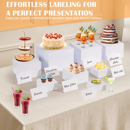 8 Pcs White Buffet Risers with Mini Signs, Nesting HIPS Food Display Stands