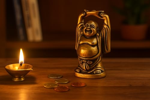 athizay Brass Laughing Buddha Idols for Home Decoration and Gifting Antique Gold Finish Lord Buddha Statues for Home and Office. (Brass Laughing Buddha Antique Gold)