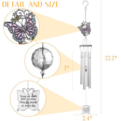 Outdoors Butterfly Wind Chimes Sympathy Memorial for Loss of Loved One - Soothing Melodic Tones Aluminum Chime Great as a Gift for Your Patio Porch Garden and Backyard (22.2" Silvery) - size: 22.2" Silvery Butterfly Ornament