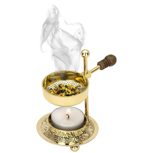 Handcrafted Adjustable Resin Incense Burner in Golden Brass with Wooden Handle – Premium Quality Incense Holder with Tealight (4.33 inch) for Aromatherapy and Unique Smoking Experience - color: Gold Wooden Handle