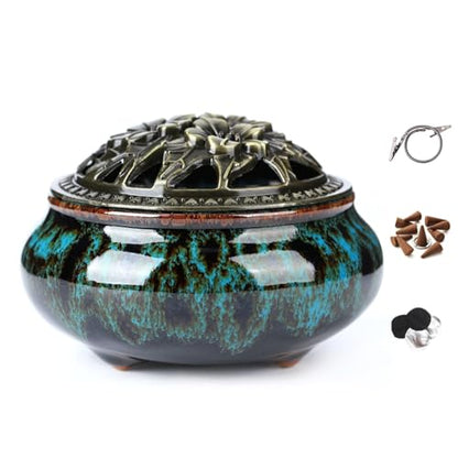 Censer Sky Blue Incense Burner with Calabash Incense Stick Holder - Porcelain Charcoal Censer for Use with Resin Granular Powder Cone or Coil Incense (Blue Fambe) - color: Blue Fambe