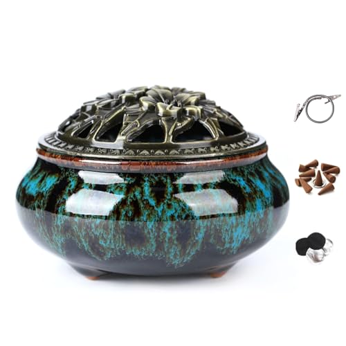 Censer Sky Blue Incense Burner with Calabash Incense Stick Holder - Porcelain Charcoal Censer for Use with Resin Granular Powder Cone or Coil Incense (Blue Fambe) - color: Blue Fambe