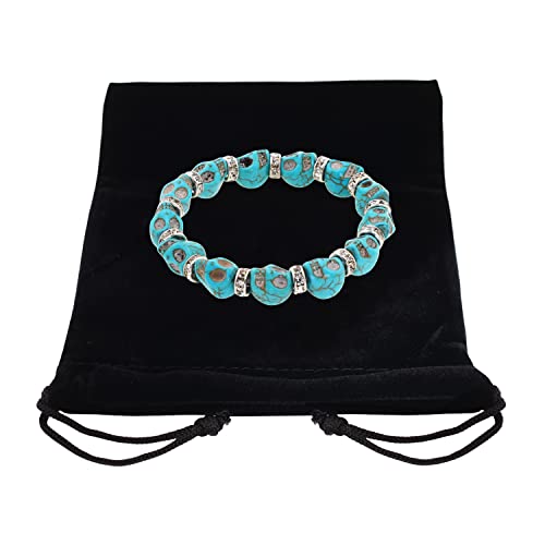 Mandala Crafts Skull Bracelet for Men Women - Howlite Adjustable Skull Mala Beads Tibetan Skull Wrist Mala for Yoga Meditation - style: Turquoise Rhinestone