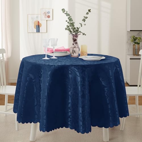 Wave Damask Deep Sea Blue Satin Round Tablecloth 60"X60"，Round Tablecloth Stain Resistant Wrinkle Free Silkly Soft Table Cloths for Dining Room, Indoor and Outdoor Use - color: Deep Sea Blue, size: 60" (Round)