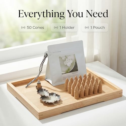 Jasmine Backflow Incense Cones - 50 Large Waterfall Back Flow Cones Scented - Includes 1 backflow Incense Burner