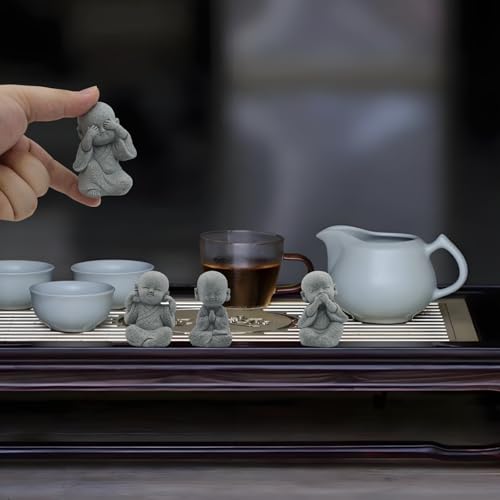 4 Pcs Baby Buddha Statue Set 3 Inch Cute Sandstone Buddha Statue Feng Shui Decor for Good Luck, See no Evil Hear no Evil Speak no Evil Do no Evil