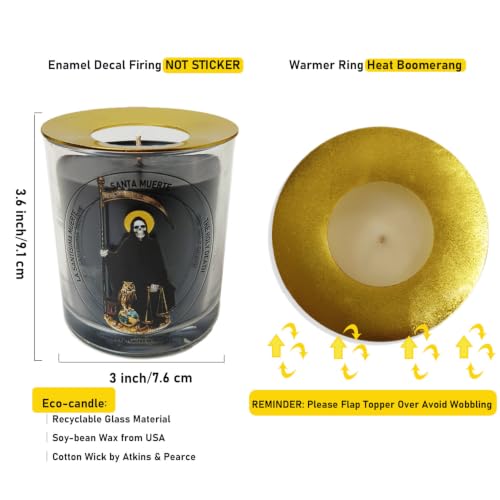 Black Santa Muerte Unscented Soy Prayer Candle 50H with Warmer Ring - color: Black Santa Muerte