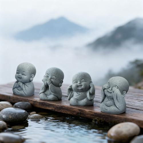 4Pcs Baby Buddha Statue Set, 2 Inch Mini Zen Monk, Sandstone Buddha for Desk Decor, Laughing Buddha for Good Luck, Car Dashboard, Home & Living Room Decor with Blessing Amulet