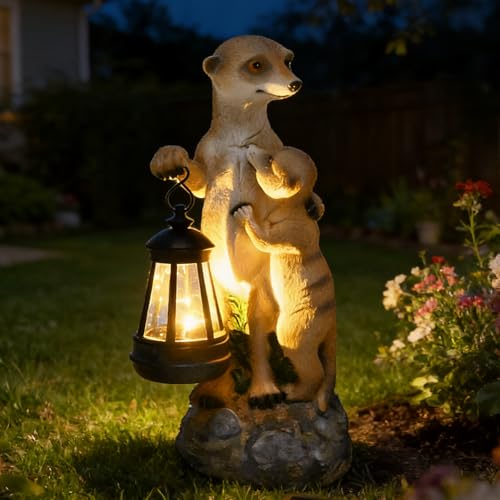 Meerkat Mother & Baby Solar Lantern Garden Statue Outdoor Decor Figurine - color: Meerkat
