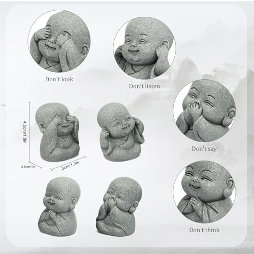4Pcs Baby Buddha Statue Set, 2 Inch Mini Zen Monk, Sandstone Buddha for Desk Decor, Laughing Buddha for Good Luck, Car Dashboard, Home & Living Room Decor with Blessing Amulet