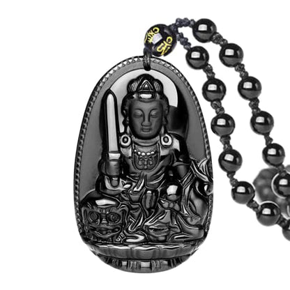 ASGIFT Black Obsidian Necklace Lucky Amulet Protection Pendant with Extended Bead Chain Healing Crystal Stone Talisman Necklaces Jewelry - color: Manjusri