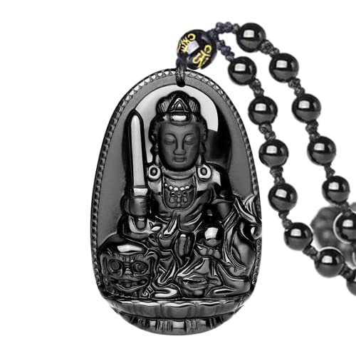 ASGIFT Black Obsidian Necklace Lucky Amulet Protection Pendant with Extended Bead Chain Healing Crystal Stone Talisman Necklaces Jewelry - color: Manjusri