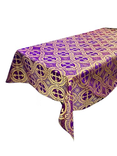 New Creations Fabric & Foam Inc, Rectangular Metallic Cross Brocade Jacquard Satin Tablecloth Overlay/Religious Brocade/Liturgical Fabric/Church. (Purple-Gold, 60" x 84" Inches) - color: Purple-gold