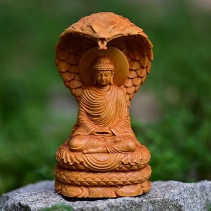 Buddha Statue with Head Snake Guardian, Wooden Shakyamuni Buddha Statue 4.7" High, Buddha Statues for Home Decor, Meditation Buddha Decor, Buda Statues