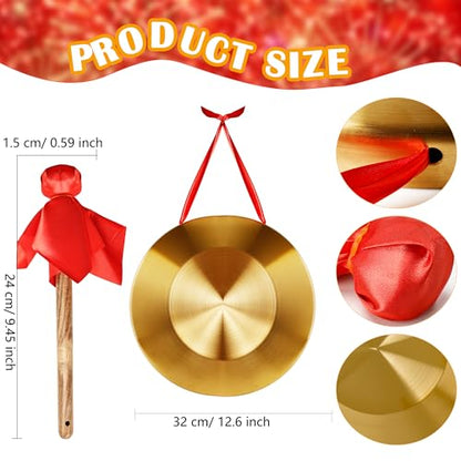 12.6 Inch Gong Percussion Instrument with Wooden Mallet and Red Hanging Ribbon Chinese Brass Gong for Home Office Celebration