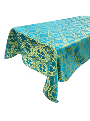 New Creations Fabric & Foam Inc, Rectangular Metallic Cross Brocade Jacquard Satin Tablecloth Overlay/Religious Brocade/Liturgical Fabric/Church. (Turquoise-Gold, 60" x 72" Inches) - color: Turquoise-gold