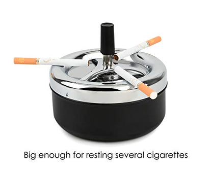 Round Push Down Ashtray with Spinning Tray Metal Cigarette Ash Tray Large 5.2 Inches Home Ashtray for Indoor and Outside Patio (Silver) - color: Silver