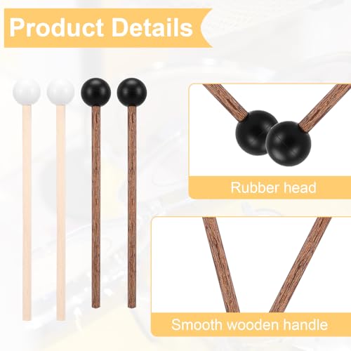 4 Pcs Steel Tongue Drum Mallets, 5.9 Inch Small Rubber Drum Mallets Sticks for Xylophone Glockenspiel Musical Instruments Mallet Birch Wood Handle Silicone Head Percussion Sticks - color: Black and White