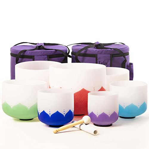 Leize 6-12 inch Lotus Design Chakra Tuned 432hz Set of 7 Quartz Crystal Singing Bowls with Heavy Duty Carrying Cases and Singing Bowl Mallet Suede Strikers - color: Lotus design