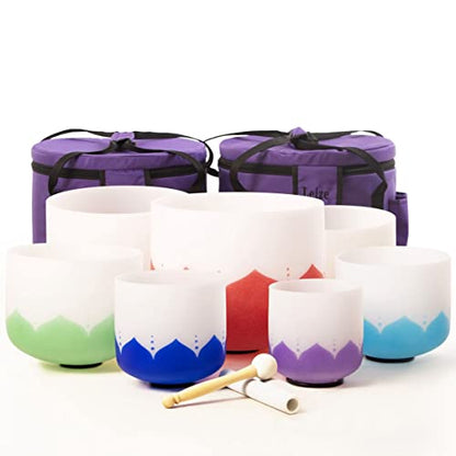 Leize 6-12 inch Lotus Design Chakra Tuned 432hz Set of 7 Quartz Crystal Singing Bowls with Heavy Duty Carrying Cases and Singing Bowl Mallet Suede Strikers - color: Lotus design