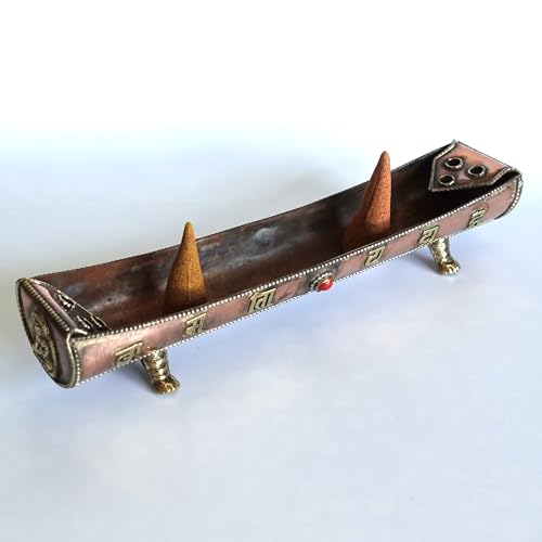 Traditional Handmade Incense Holder for Sticks and Cones | 100% Pure Copper & Brass Incense Burner | Buddhha & Buddhist Text | Stand Holds 6 Sticks & 6 Cones | Effective Ash Catcher