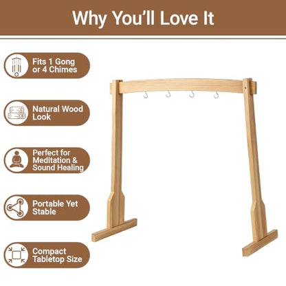 Wooden Wind Chime Stand & Gong Stand for 14 Inch Gong or 4 Koshi Chimes, Portable Tabletop Display Stand for Meditation, Sound Healing, Yoga Studio, Indoor Use with Base
