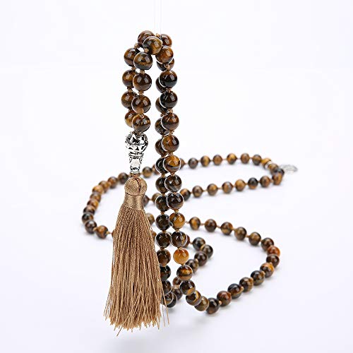 108 Mala Beads Semi-Precious Gem Stones Meditation Necklace - color: Natural Tiger Eye