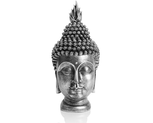 11 Inch Metallic Silver Buddha Head Statue - color: Metallic Silver