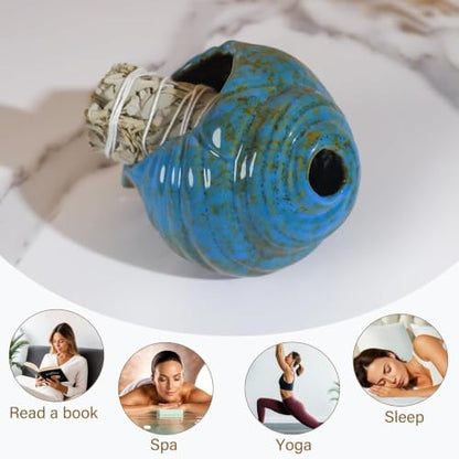 MOUGIGI Blue Conch Chiminea Palo Santo Burner - Ceramic Smudging Bowl - color: Blue