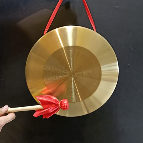 Gong Instrument with 12.6inch(32cm),Chinese Traditional Percussion Instrument Brass Gong with Wooden Mallet and Red Ribbon for Home Office Celebration - color: Gold-12.6inch