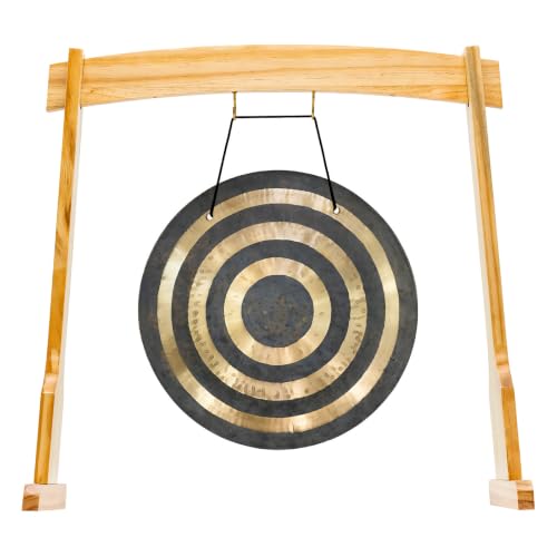 14" Gongs on East 14th Street Stand - Includes Gong, Stand, & Mallet/Versatile, Natural Wood/Extra Hooks for Four Zaphir or Koshi Chimes/Perfect for Office or Studio - size: 14" Solar Flare Gong
