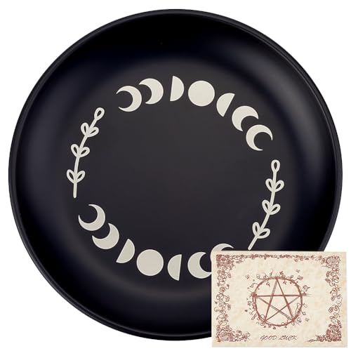 CREATCABIN Phase Moon Altar Plate Jewelry Dish Ritual Flat Bowl Round Prayer Tray Offering Bowl Dish Black Candle Holder with Divination Card for Meditation Incense Sticks Dowsing 5.55Inch - style: Phase Moon