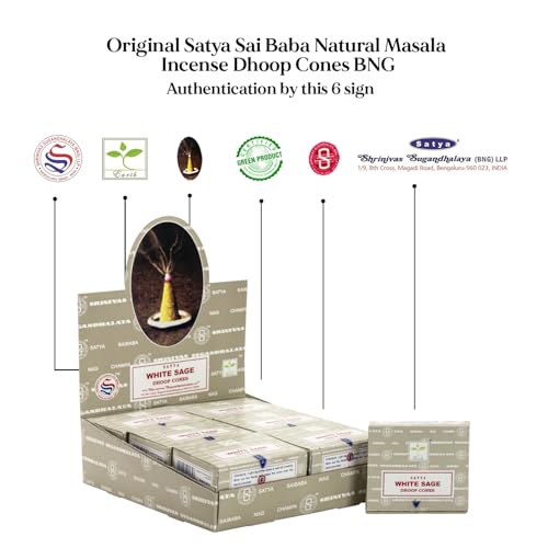 Satya Sai Baba White Sage Original Earth Marked Natural Masala Incense 144 Dhoop Cones in Pack of 12 Boxes | Best for Prayer, Meditation and Relaxation