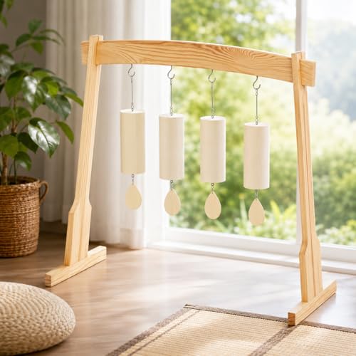 Wooden Wind Chime Stand & Gong Stand for 14 Inch Gong or 4 Koshi Chimes, Portable Tabletop Display Stand for Meditation, Sound Healing, Yoga Studio, Indoor Use with Base