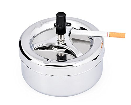 Round Push Down Ashtray with Spinning Tray Metal Cigarette Ash Tray Large 5.2 Inches Home Ashtray for Indoor and Outside Patio (Silver) - color: Silver