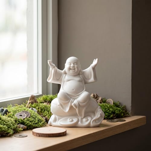 Laughing Buddha Figurine, 4.3" Ceramic Feng Shui Decor, White - color: White, size: 4.3INCH