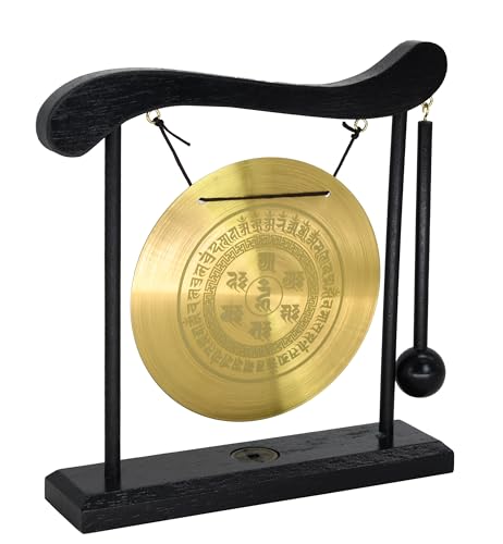 Owlgift Feng Shui Desktop Gong Set, Brass Gong Engraved with Om Mani Padme Hum Mantra, Solid Wood Frame & Mallet, Tibetan-Inspired Zen Decor for Meditation & Energy Clearing, 11.1"W x 7.9"H - color: Six-syllable mantra
