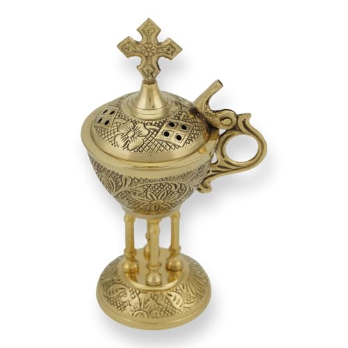 Orthodox Brass Incense Burner - Ornate Christian Censer with Cross for Home or Church Use, 6.3 inch