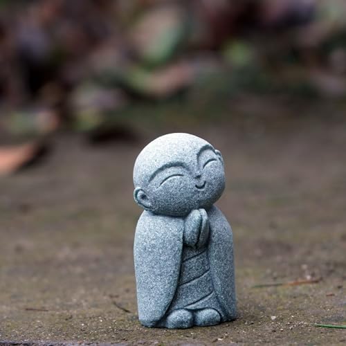 OwMell Japanese Jizo Monk Buddha Statue Figurine Aquarium Garden Decor - color: Tilt Smile Stone