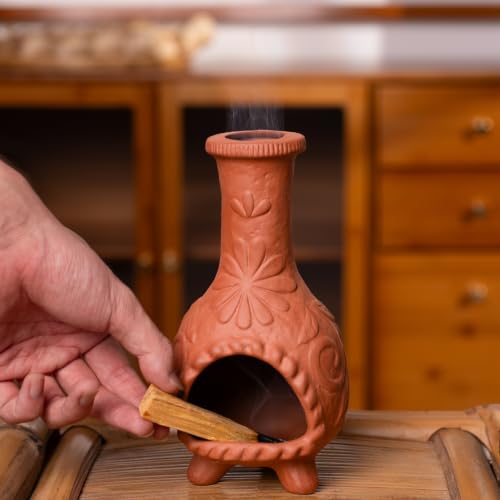 Handmade Palo Santo & Sage Burning Dish, Mini Floral Chiminea Smudge Bowl - color: Terracotta -Flower Palo Santo Holder