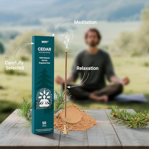 Cedar Incense Sticks (50 Sticks), 100% Natural sustainably harvested Cedar, Suitable for Yoga, Meditation, Relaxation, and Spiritual Purification - color: Cedar