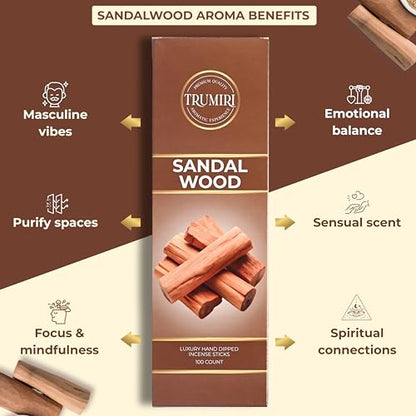 Sandalwood Incense Sticks - Pack of 100 Insence-Sticks - Made with Natural Incienso De Sandalo - Non Toxic Inscents Indian Spiritual Agarbatti Insense - color: Sandalwood