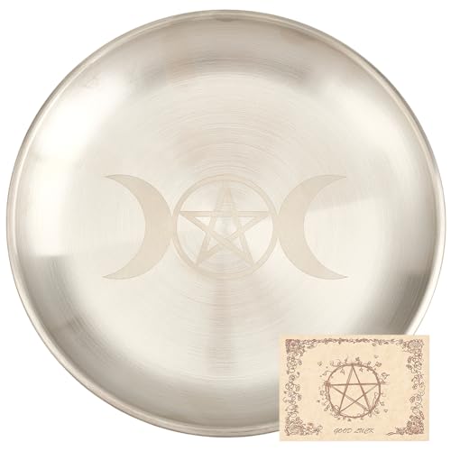 CREATCABIN Moon Ritual Plate Altar Plate Stainless Steel Flat Bowl Round Tray Prayer Offering Bowl Dish Candle Holder for Smudging Incense Burner Meditation Tarot Jewelry Dowsing Divination 5.55Inch - style: Moon