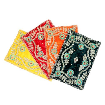 Set of 4 Mat Aasan Pooja Cloth God Idol Puja Temple Altar Cloth (9"X6") - color: Red, Yellow, Green and Orange