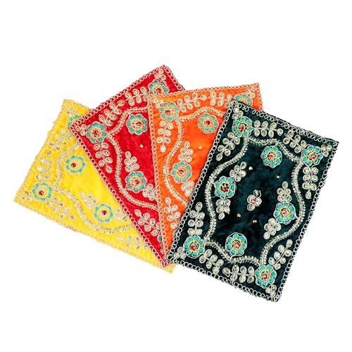 Set of 4 Mat Aasan Pooja Cloth God Idol Puja Temple Altar Cloth (9"X6") - color: Red, Yellow, Green and Orange