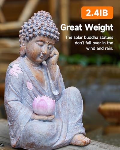 Buddha Statue Outdoor with Lotus Flower Light, IP65 Waterproof Solar Statue Lights, Outdoor Statues for Garden, Zen Decor for Garden, Home, Patio, Lawn