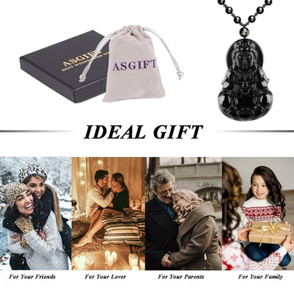 ASGIFT Black Obsidian Necklace Lucky Amulet Protection Pendant with Extended Bead Chain Healing Crystal Stone Talisman Necklaces Jewelry - color: GuanYin